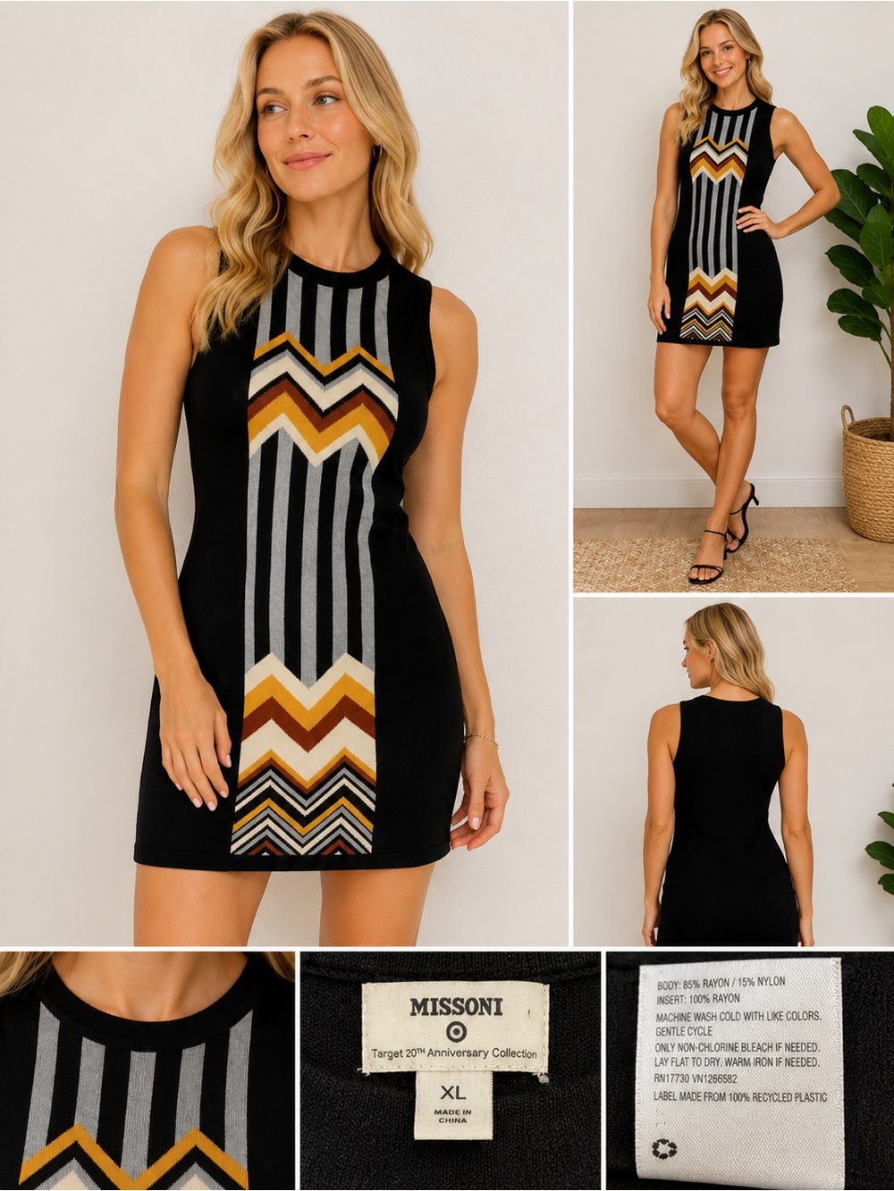 Missoni Black Knit Mini Dress with Gold, Rust & Cream Chevron Panel